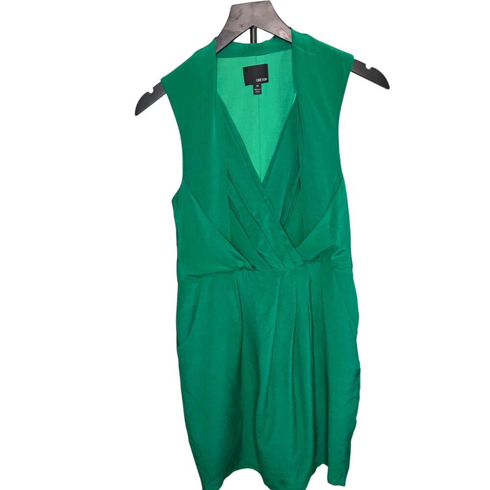 Greylin green V neck silk dress. front pleats, 2 layer. Size M. wedding guest